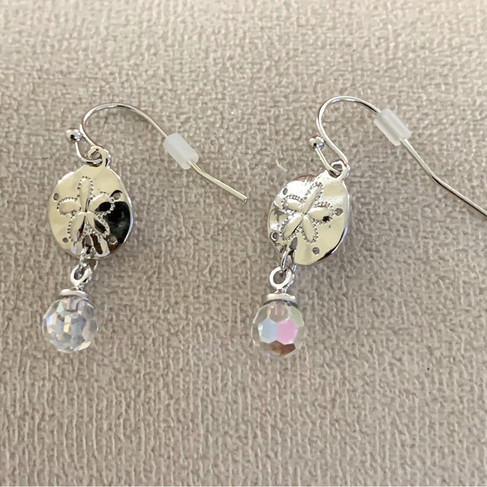 Silver Plated Swarovski Beaded Button shaped Sand-dollar charm Earrings